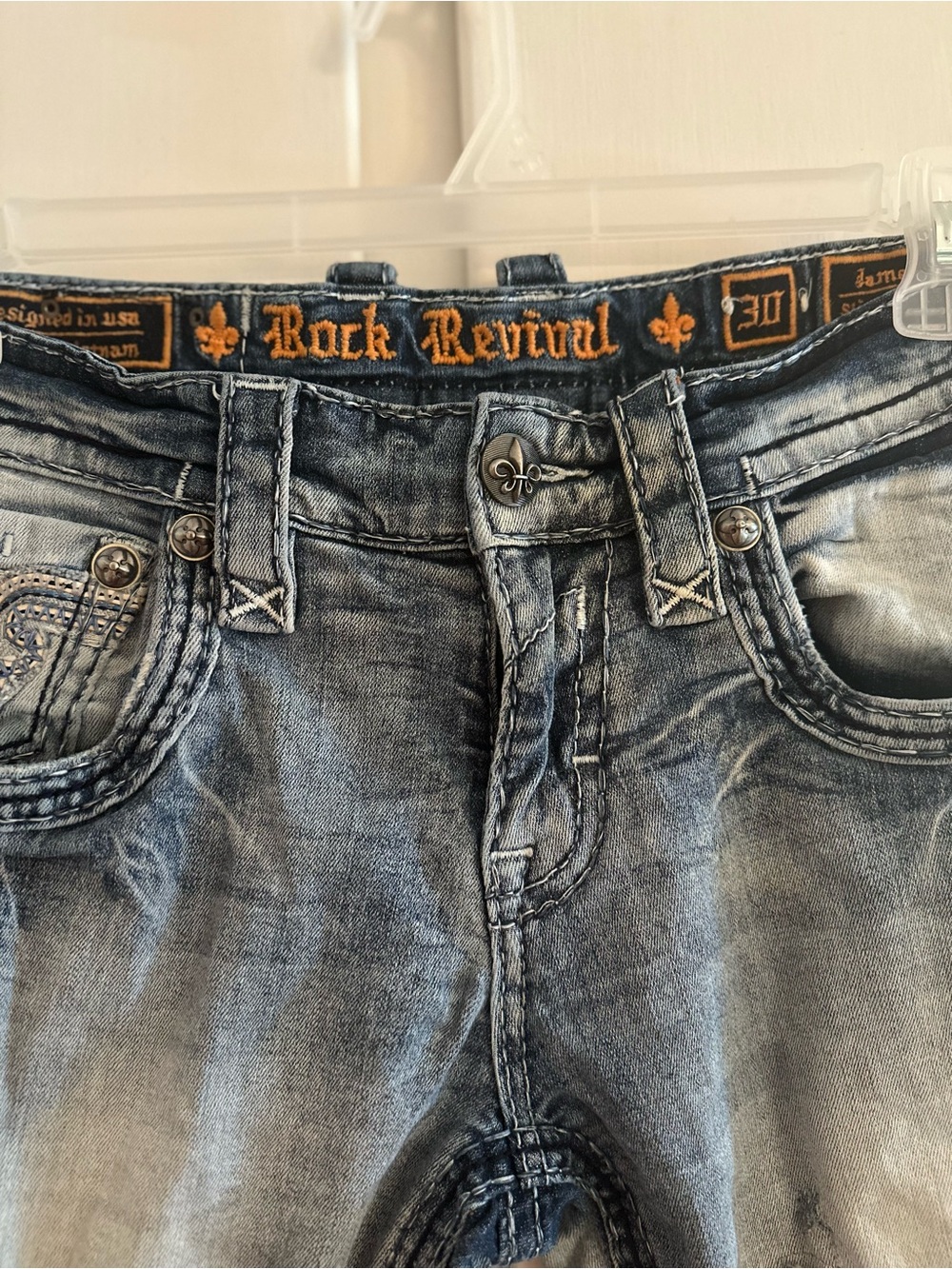 Rock Revival "James Slim Boot" Distressed Light Wash Jeans (Size 30)